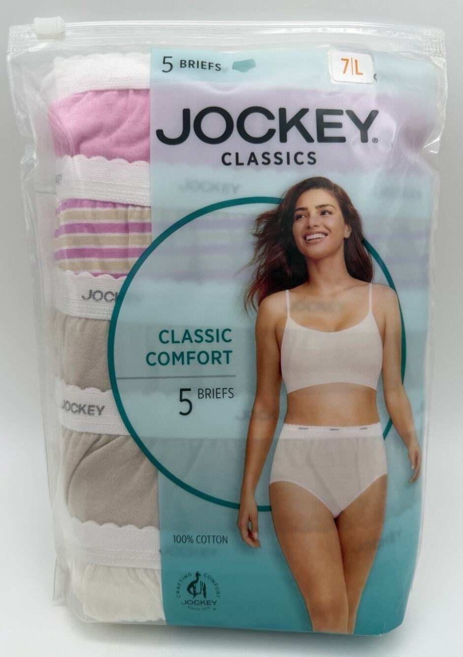 Jockey Classic Comfort 5 Pack Briefs Women Sz 7/L 100% Cotton White Tan Pink